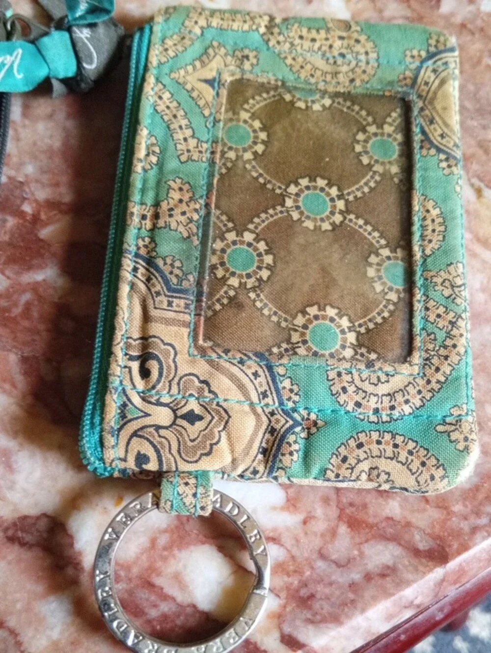 2#Vera Bradley Teal and Brown Patterned Zip Card Case with Key Ring Duo